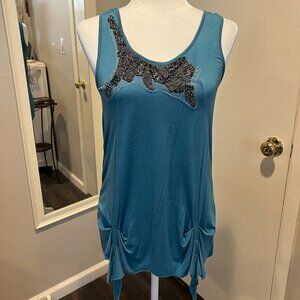 Kenar Blue sleeveless racerback tank with beadwork and detailed bottom, Size S